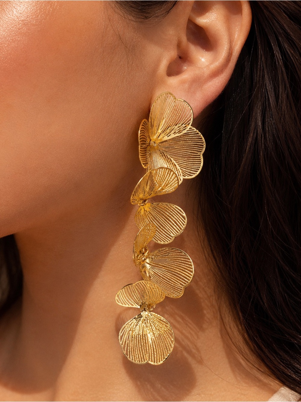 Long Gold Floral Cascade Earrings - Statement Drop Design